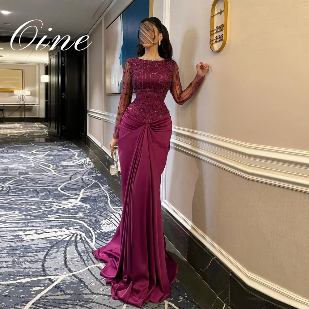 Oine Glamouröse Lila Meerjungfrau-Abendkleider Elegante Perlenverzierung Vestido De Noche Maßgeschneiderte Perlenbesetzte Formelle Damen-Abendkleider
