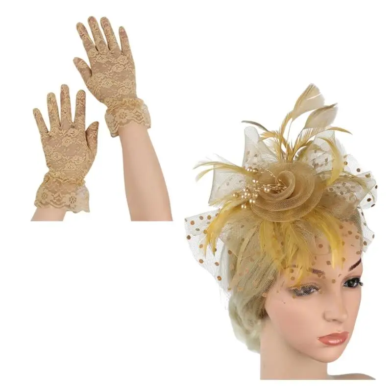 39BD Set aus zartem Brautschleier, Fascinator und Handschuhen mit Zierfedern für Bräute – Detail 9