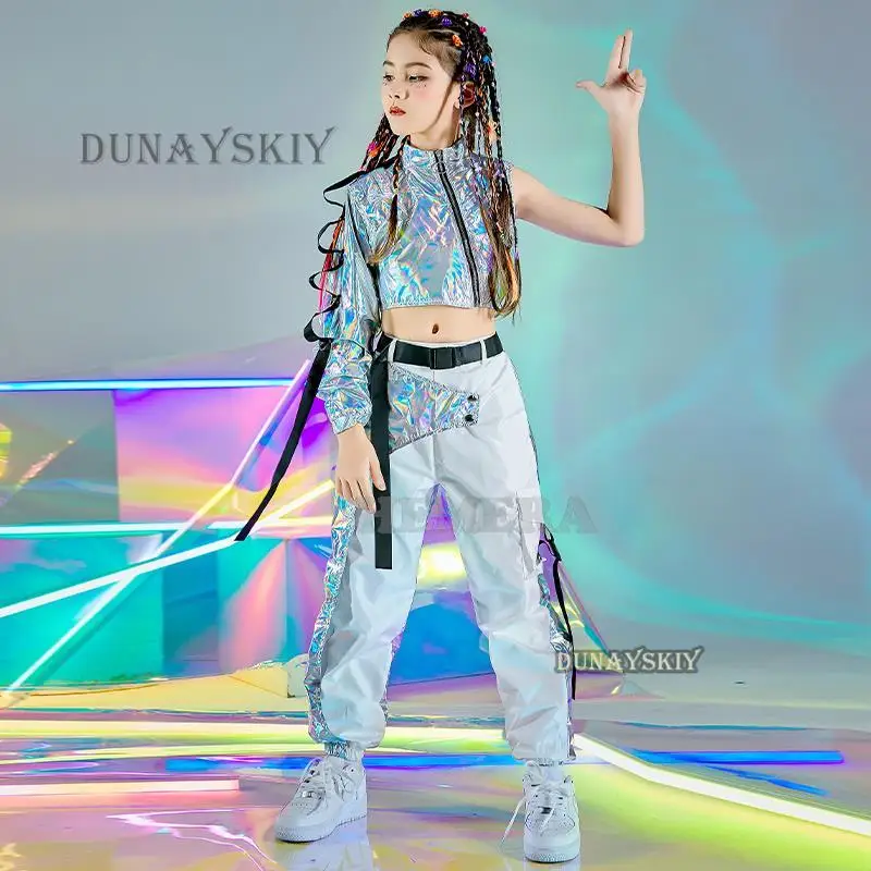 PU Hip-Hop Dance Clothes Reflective Rave Outfit Girl set Jazz Dancewear Festival Crop top pantaloni Cargo passerella Show Costume