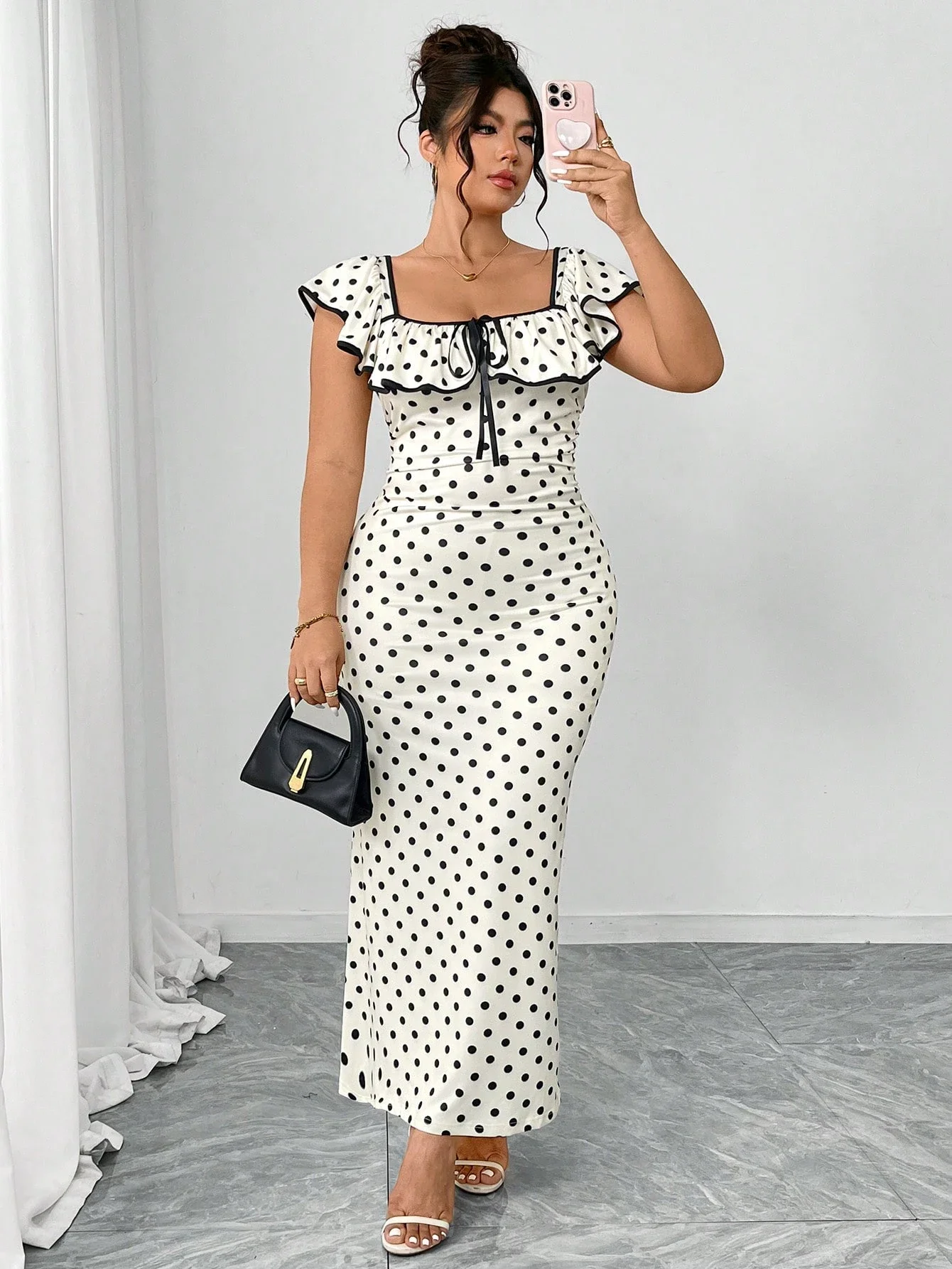 

Polka Dot Bodycon Dress With Ruffle Sleeves And Square Neckline For Women