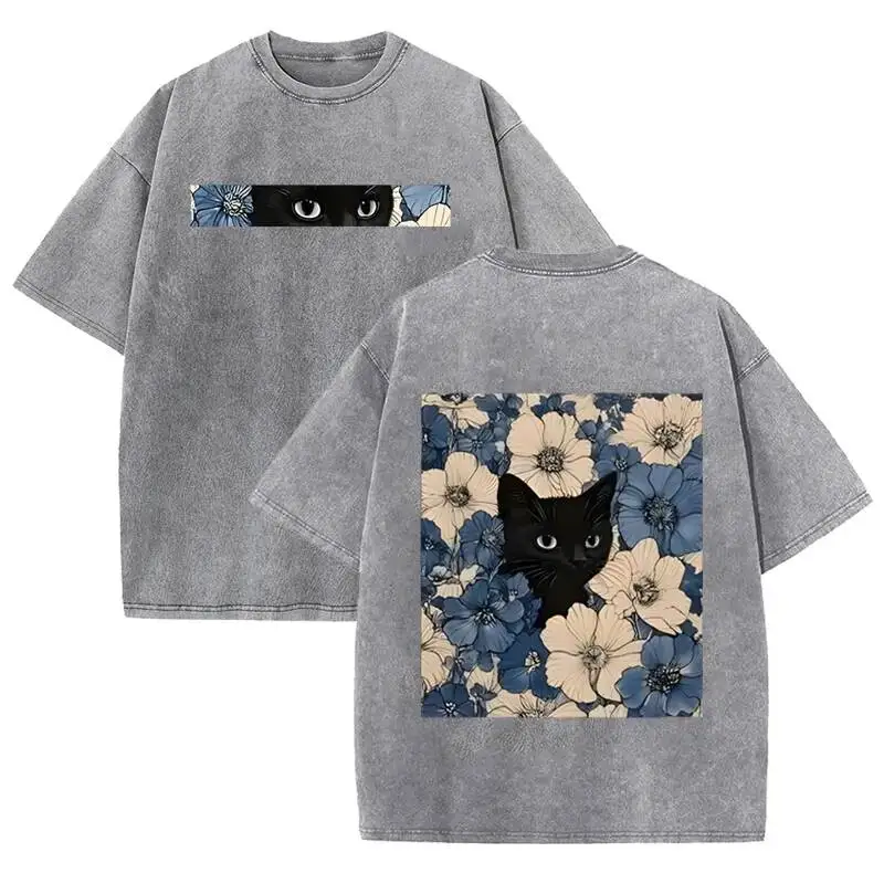 Vintage Washed Black Cat Floral T Shirt Double Sided Print Streetwear Casual Tee