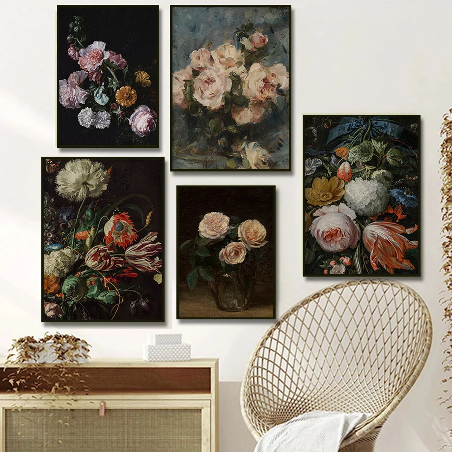 Antique Dark Academia French Rose Flower Still Life Renaissance Poster Canvas Painting Wall Art Pictures Home Farmhouse Decor