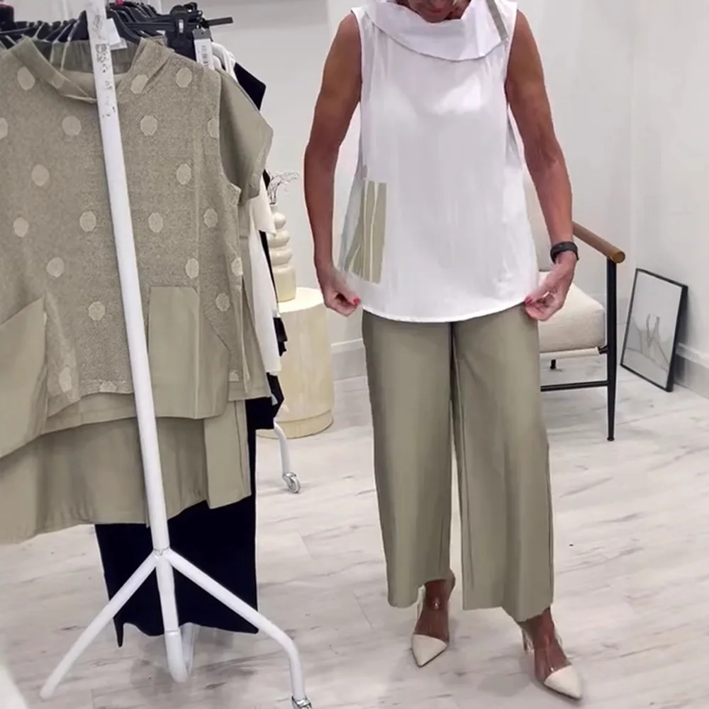 

Летний повседневный свободный и модный дизайнерский топ без рукавов + широкие брюки, прямые брюки, женский комплект из двух предметов