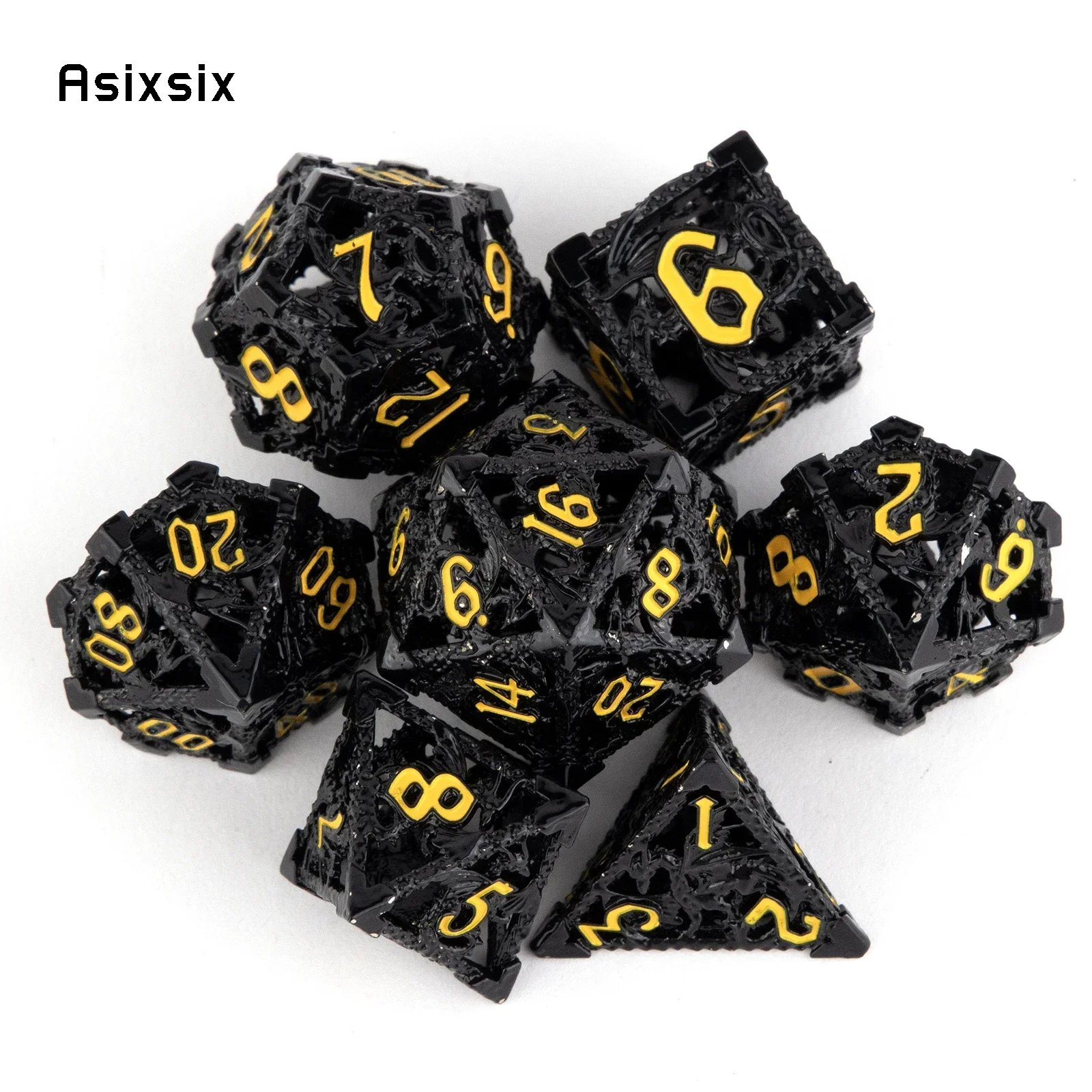 

7 Pcs Black Yellow Flying Dragon Metal Dice Hollow Metal Polyhedral Dice Set Suitable For Role-Playing RPG Game Card Game