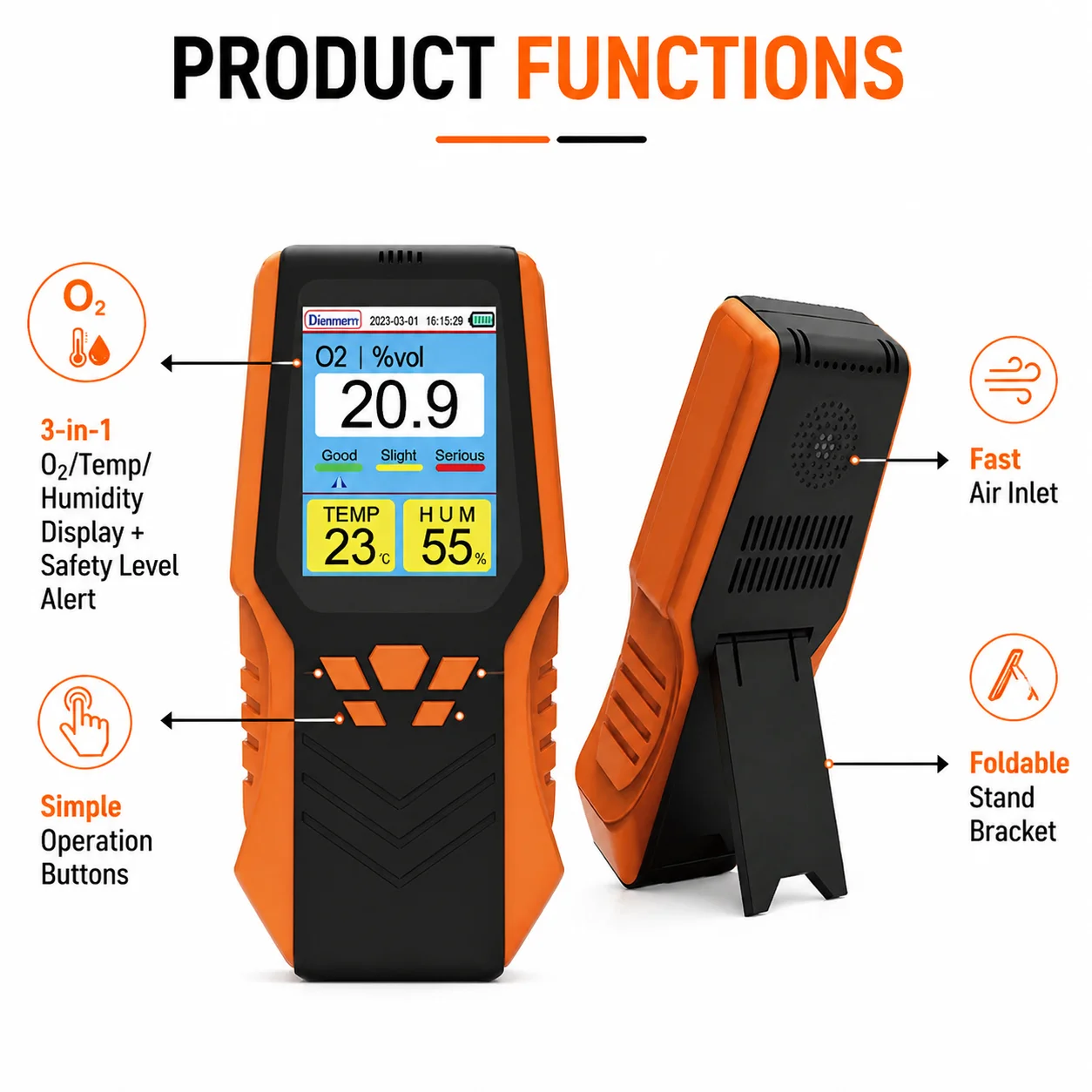 Portable Handheld O2 Detector, 0-30%Vol Oxygen Gas Monitor with 1.5s Fast Response, Temp & Humidity Tester, 14H Long Working