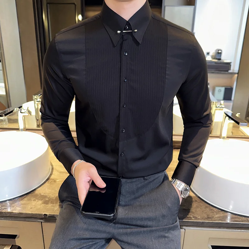 Neckline Metal Decorative Design Men Shirt Fashion Pleated Striped Long Sleeve Slim Business Social Tuxedo Shirt Men's Clothing