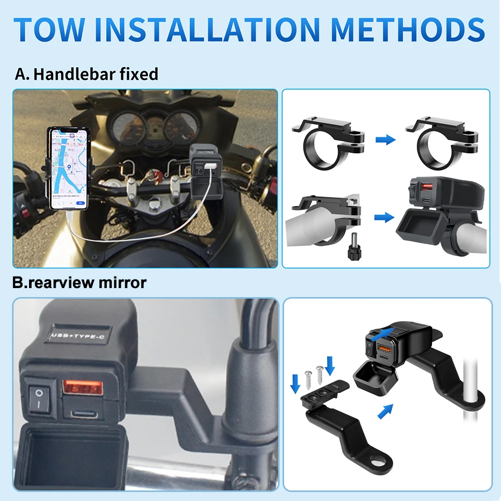 60W PD QC3.0 Motorcycle USB Fast Charger 60W Handlebar Dual USB Socket with Switch Voltmeter Waterproof 12V Power Supply Adapter