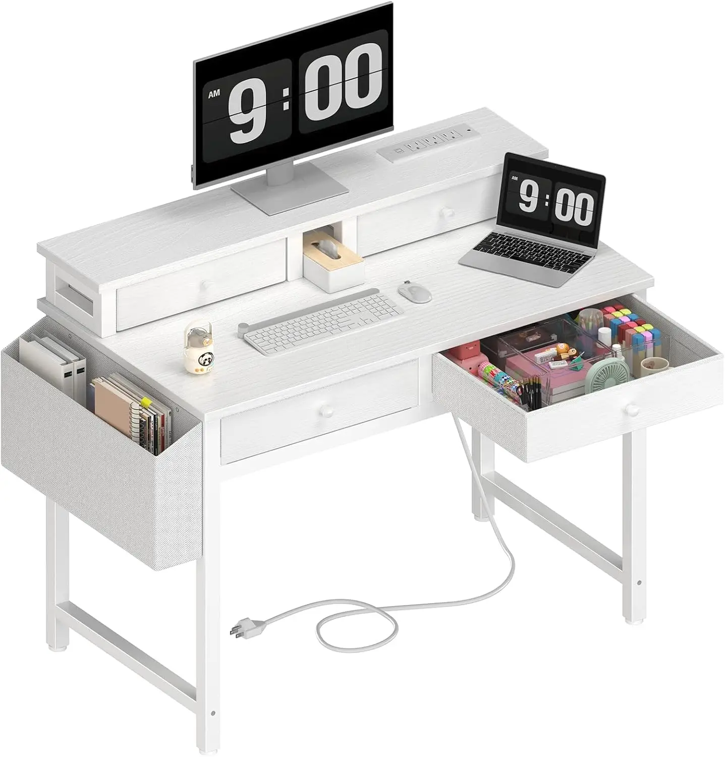 

Kids Study Desk with Fabric Drawers, Power Outlet & Monitor Stand for Bedroom or Home Office