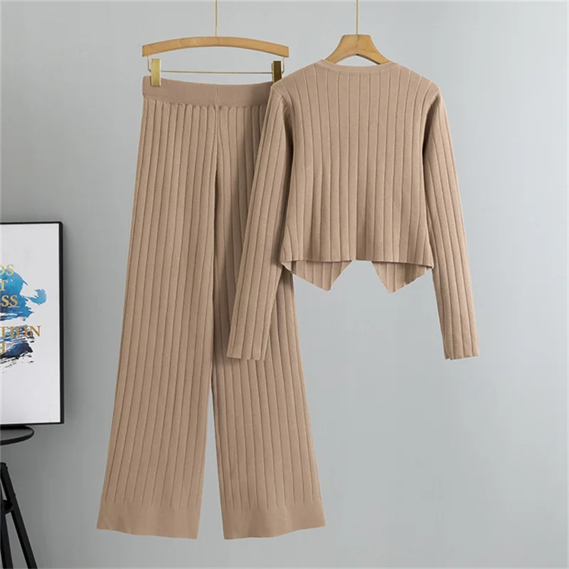 ZJYT Autumn Winter Knitted Sweater and Pant Sets 2 Piece Matching Set Elegant Cardigan Coat Outfits Casual Trousers Suits Black