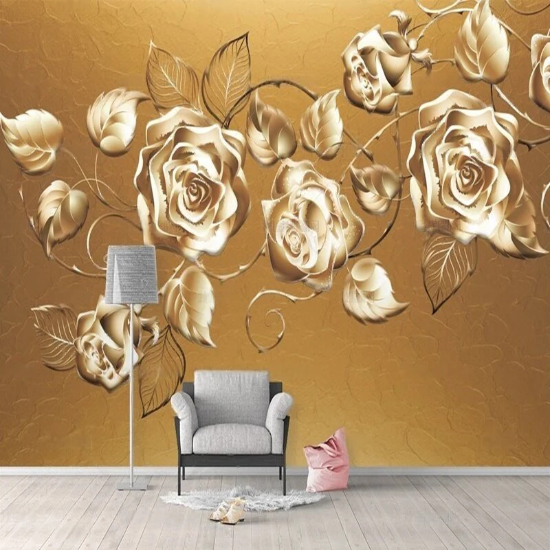 

Modern and elegant 3D golden relief rose European-style pattern TV luxury home decoration background wall paper mural