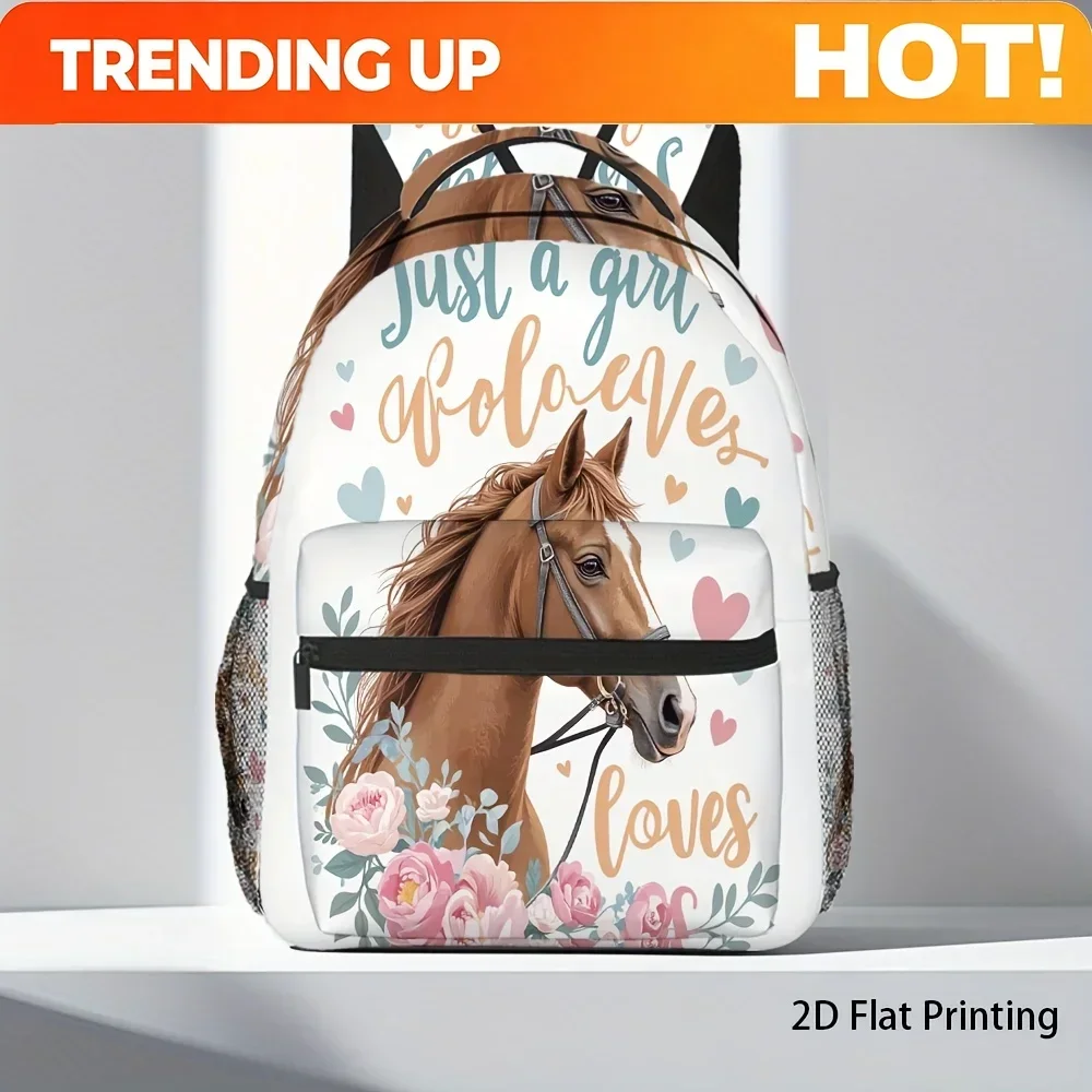 Custom Bag 1pc Stylish Horse-Themed Backpack With Floral & Heart Design, 