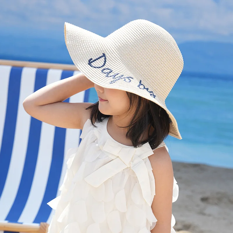 Children's Summer Outdoor Sun Hat Round Top Large Brim Beach Fisherman Hat Letter Wide Brim Paper Straw Hat