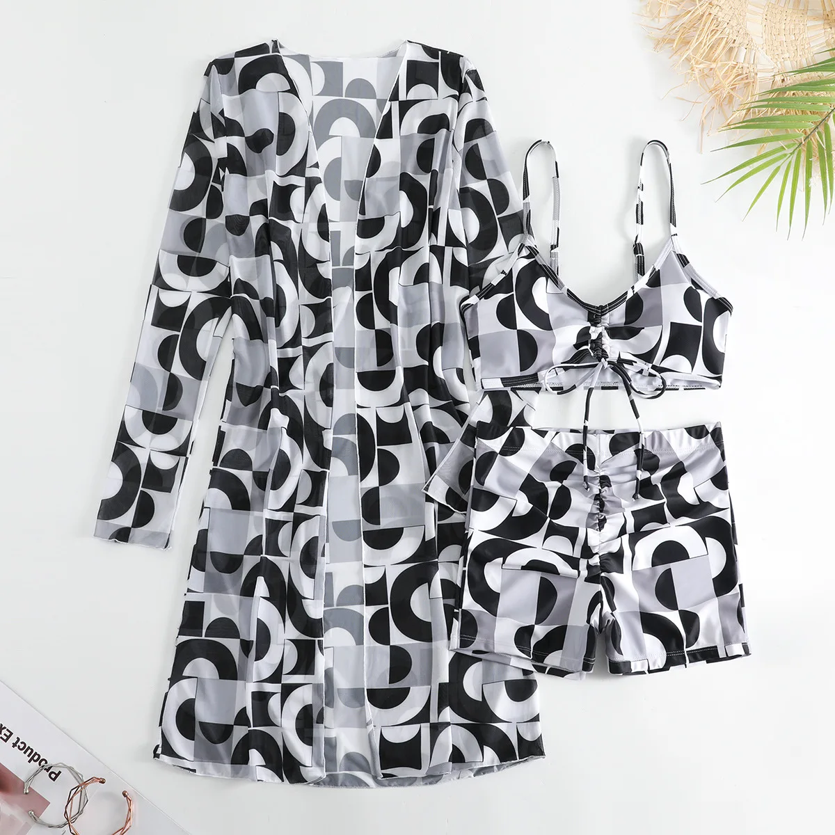 Fashion 3 Piece Swimsuit with Mesh Long Sleeve Cover Up Drawstring Bikini Set Push Up High Waisted Bathing Suit Women Beach Wear