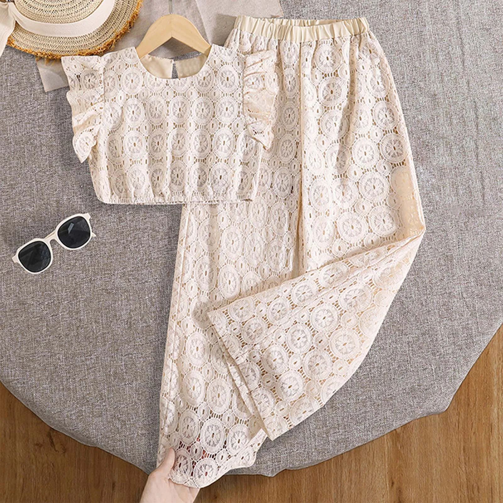 الفتيات الصيف تفريغ الدانتيل مرفرفة كم بلوزات وسراويل واسعة الساق مجموعة الكورية نمط قطعتين الزي للأطفال الملابس الزي 8t