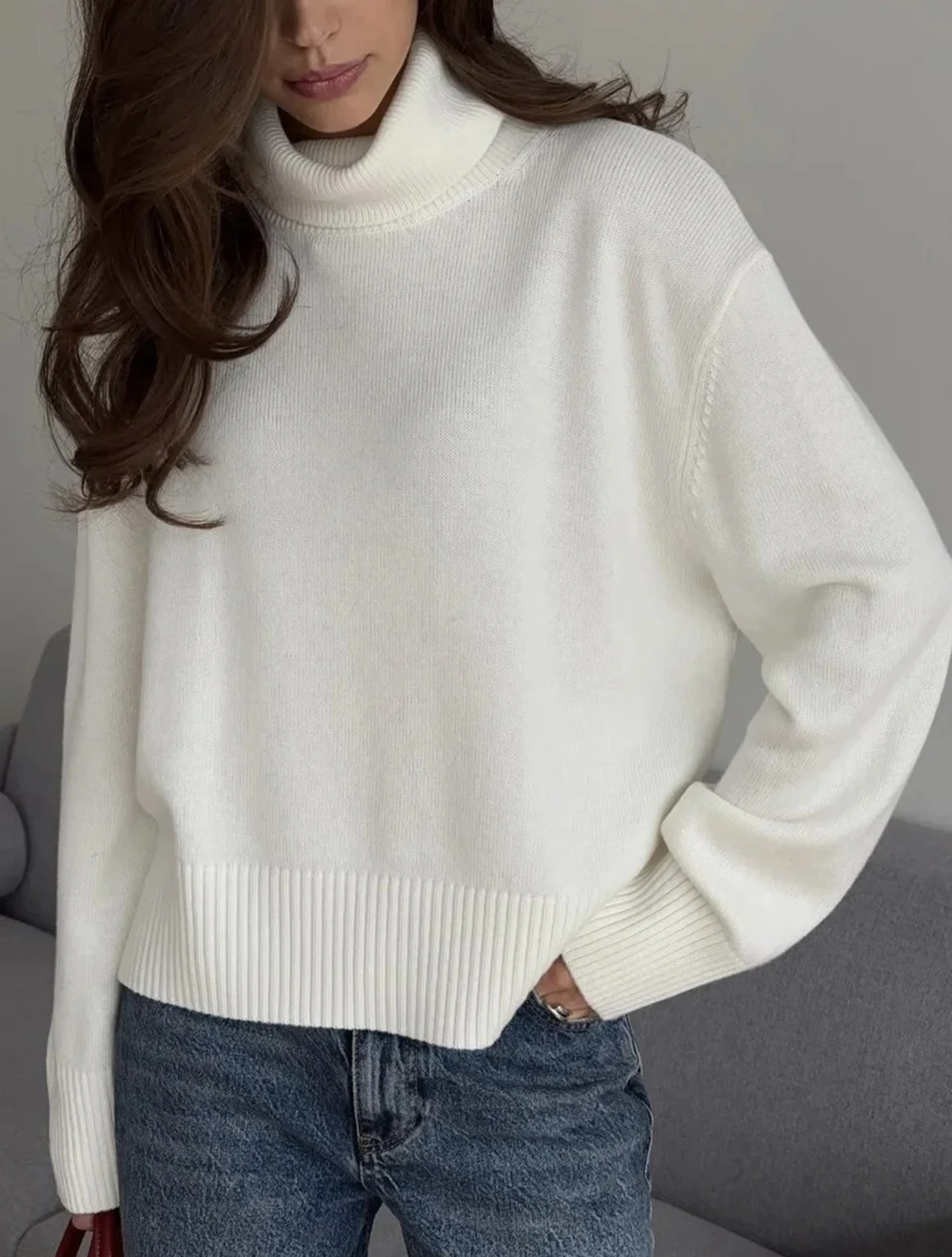 

Loose Fit Warm Knit Fashion Casual Jumpers Autumn Winter Solid Color Comfortable Short Turtleneck Sweater