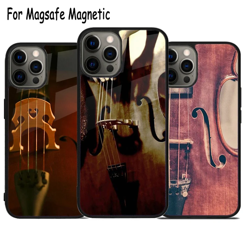 Wood Cello Violin Wireless Charge Magsafe Phone Case For iPhone 15 16 14 13 11 12 Pro Max Plus Magnetic Bumper Cover