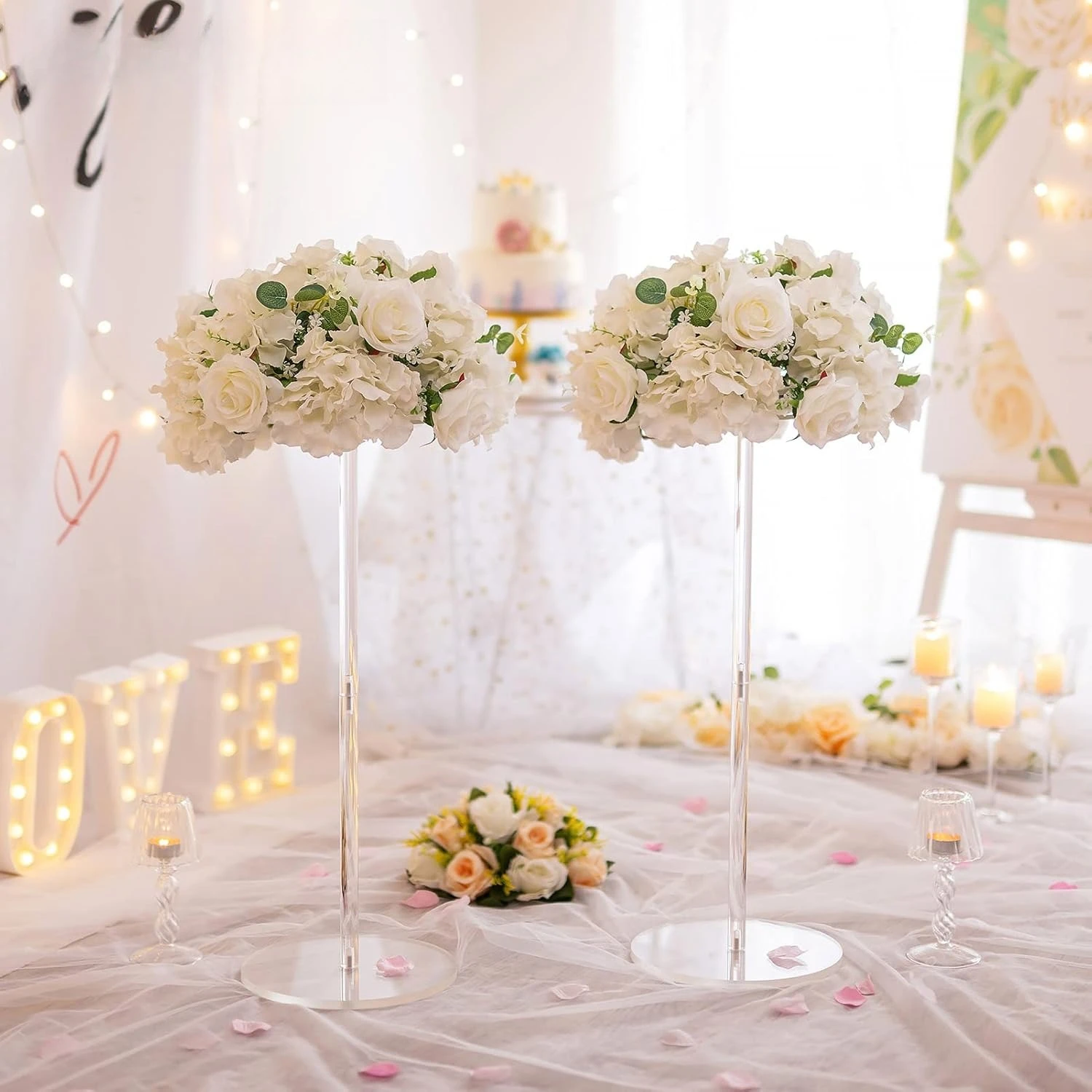 

Flower Ball Arrangement Bouquet - 2 Pcs 15.7 inch Diameter White Fake Flowers Roses Balls for Centerpieces Tables