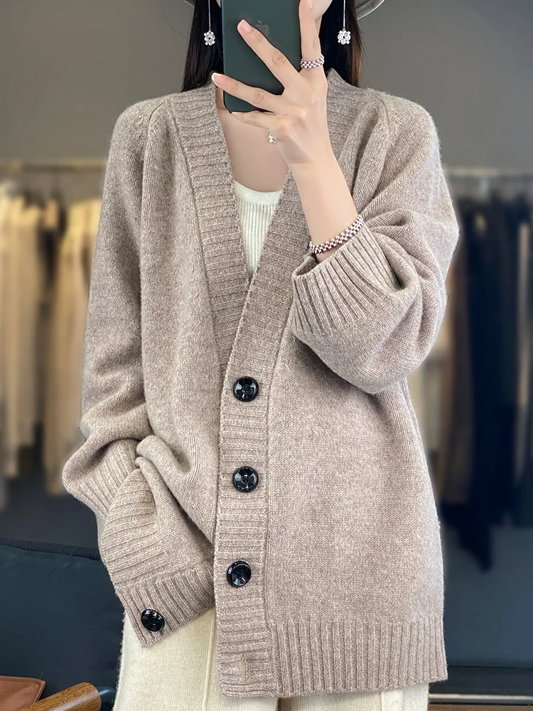 Light Luxury 100% Merino Wool Women Sweater Autumn Winter V-Neck Knitted Cardigan Long Sleeve Clothing Tops Solid Soft Outerwear