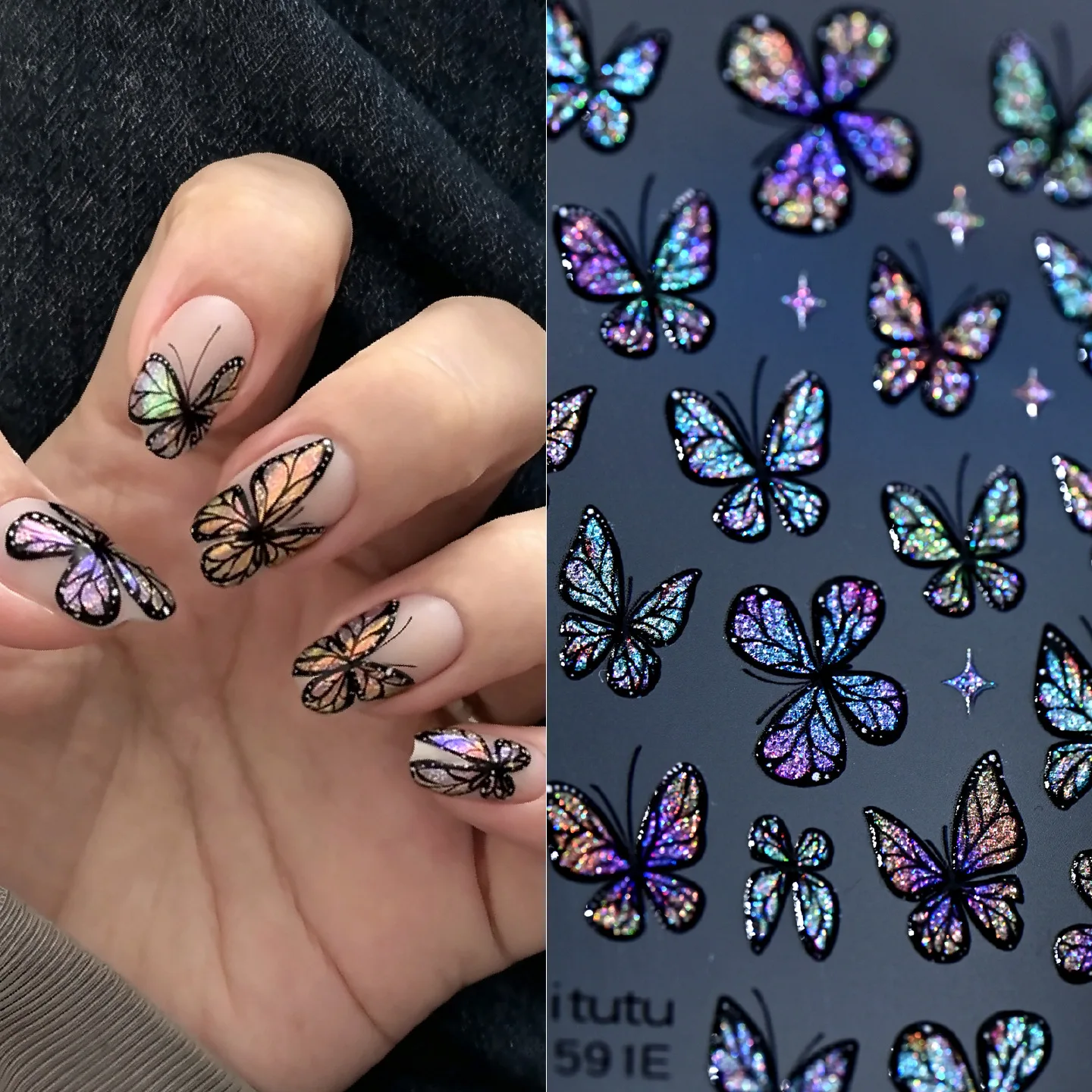5D Embossed Iridescent Cat-Eye Butterfly Nail Stickers Glitter Aurora Dark Blue Wing Decals for Dreamy Chic Manicure Accessories