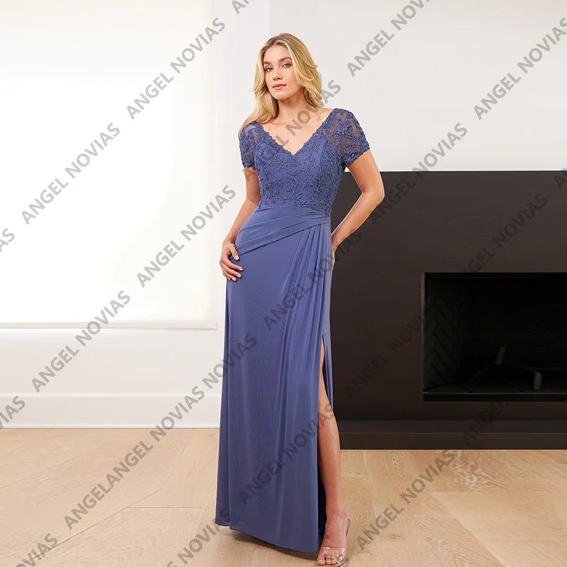 

Cap Sleeves Sheath Straight Mother Of Bride Dresses V Neckline Chiffon Party Gowns Custom Summer Mere Formelle Robes
