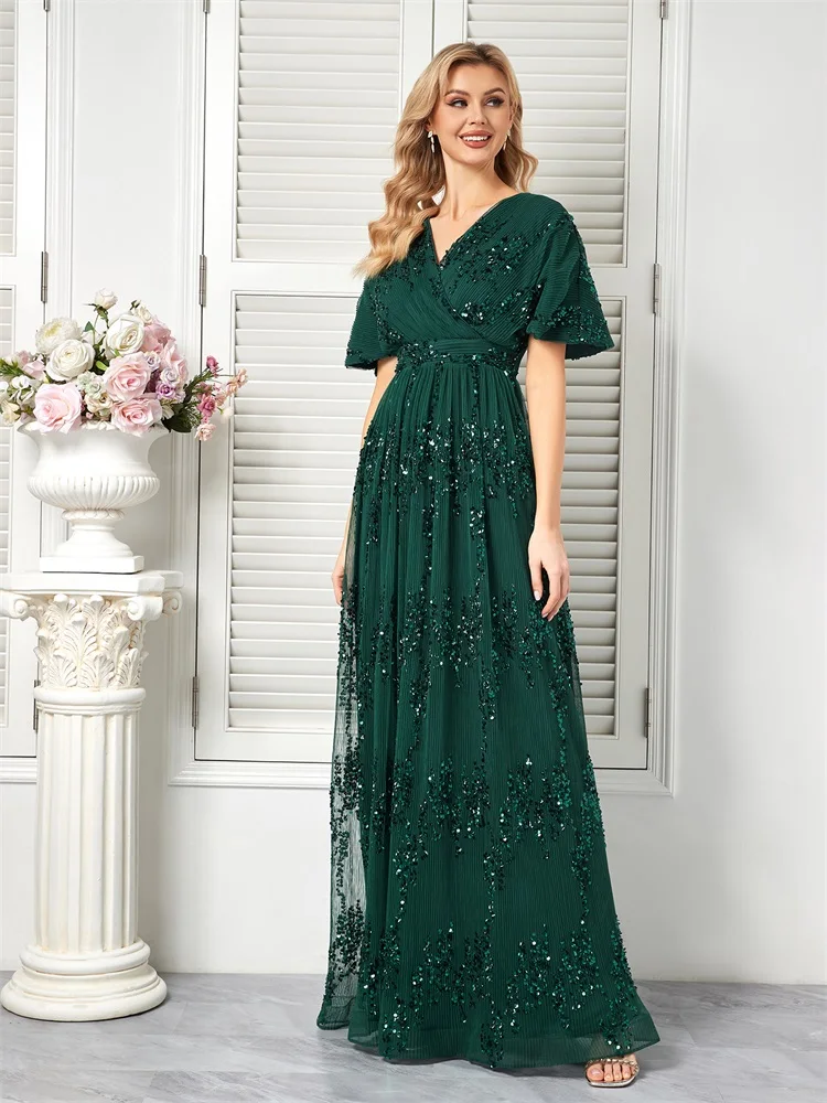 Lucyinlove Luxury V-Neck Green Sequin Evening Dress Long 2024 Elegant Women Satin Short Sleeves Party Graduation Cocktail Prom