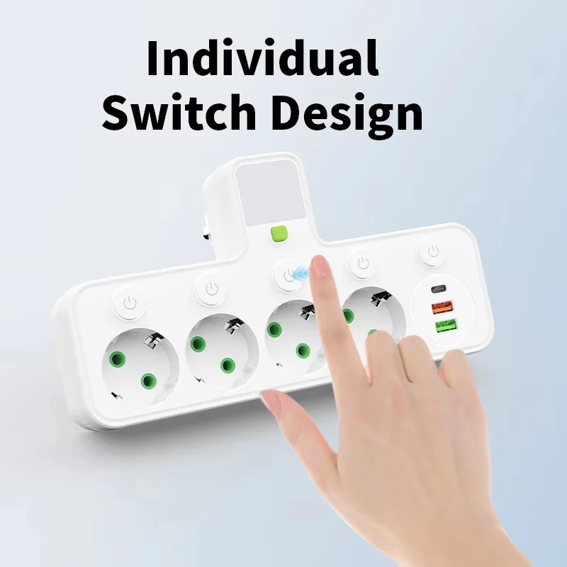 Wall Socket 4 AC Outlets 2 USB Ports 1 Type-C EU Plug Charger Electrical Switch For Home Power Strip Socket ，with Night Light