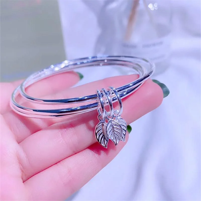 Three Circles 999 Sterling Silver Stackable Bracelet Ladies Three Leaf Pendant Solid Silver Bangle Symbolize Eternal Love Hypoal