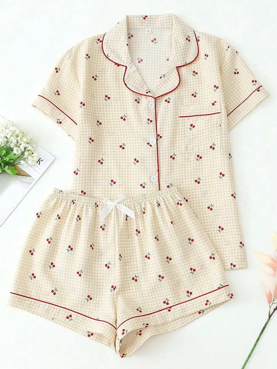 Women Cherry Print Pajama Set Lapel Button Short Sleeve Top Bow Shorts Summer Sleepwear Loungewear