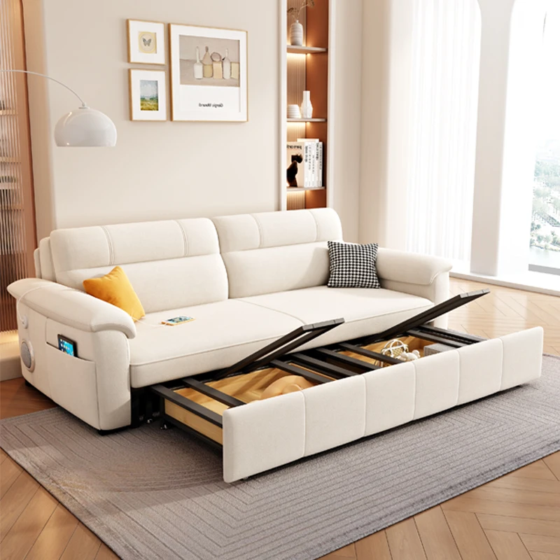 New cream wind sofa bed technology fleece small apartment living room folding dual-purpose multi-function straight row 2024