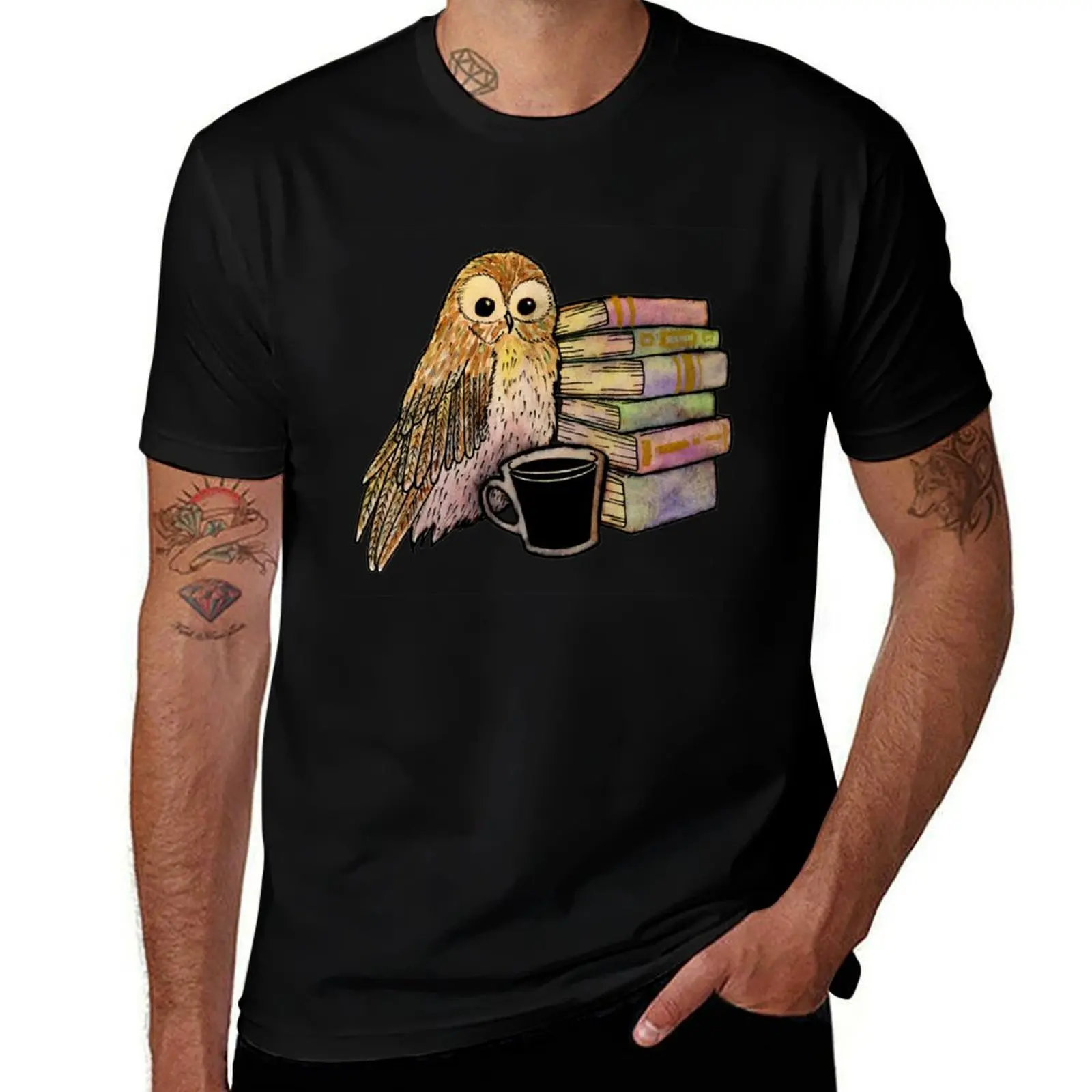 Coffee, books and owl T-Shirt t shirts cotton 100% T-Shirt