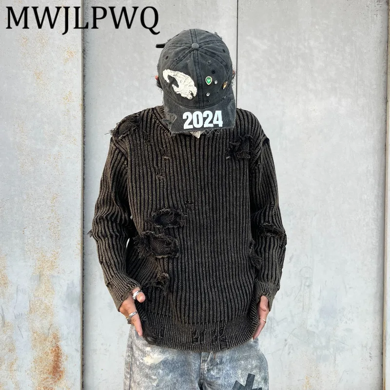 

MWJLPWQ Niched, винтажный свитер в американском стиле с вымытыми отверстиями, мужской уличный свитер ручной работы с круглым вырезом, модный 12517