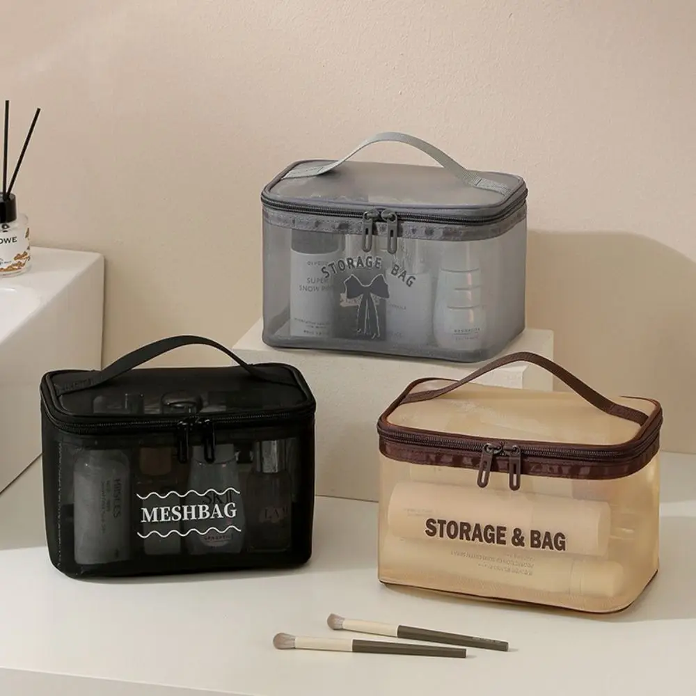 

Transparent Mesh Cosmetic Bag Large Capacity Hand-held Toiletry Bag Easy to Clean Lightweight Make Up Organizer Bag Travel