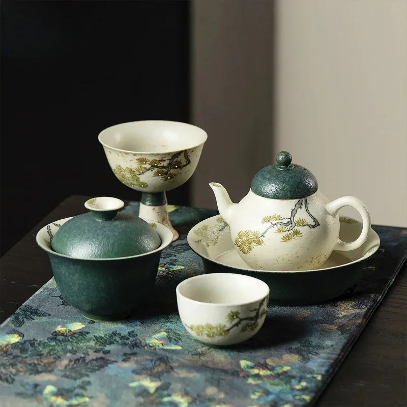 Malachite Green Hand-painted Pine Tree Household TeaSet Collection Teapot Cover Bowl Pot Bearing Teacup Master Cup Tea Ceremony