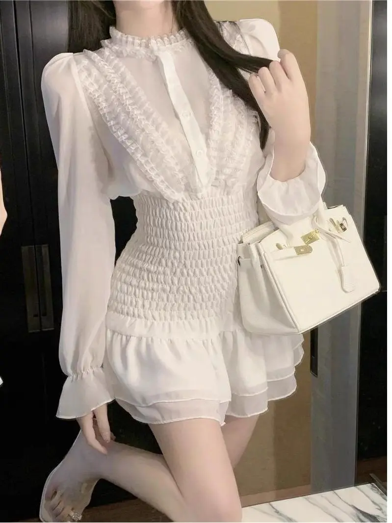 

Sexy Slimming White Dr Women's Winter 2025 Pleated ort Skirt Sweet And Spicy Lace Trim Long Sve Casual Faion Dr
