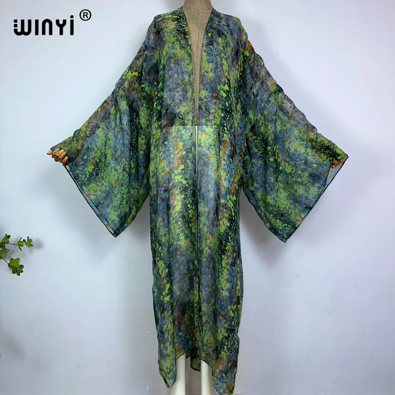 WINYI-kimono con estampado abstracto para playa, vestido maxi de algodón de manga larga con perspectiva de encubrimiento de Bikini, cárdigan Sexy para vacaciones, Verano