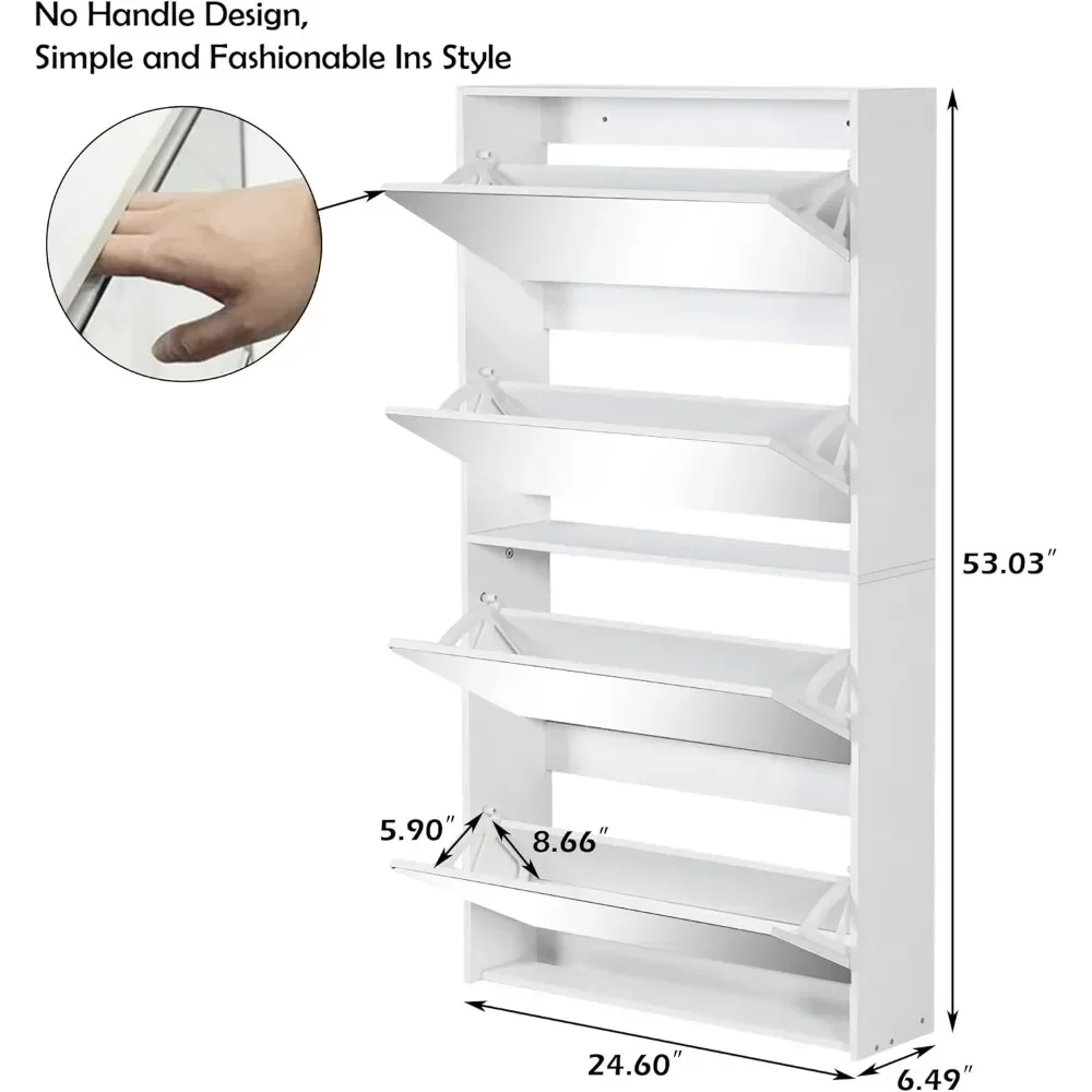 White Shoe Cabinet for Entryway Slim, Narrow Freestanding Shoe Rack with 4 Flip Drawers&Mirror