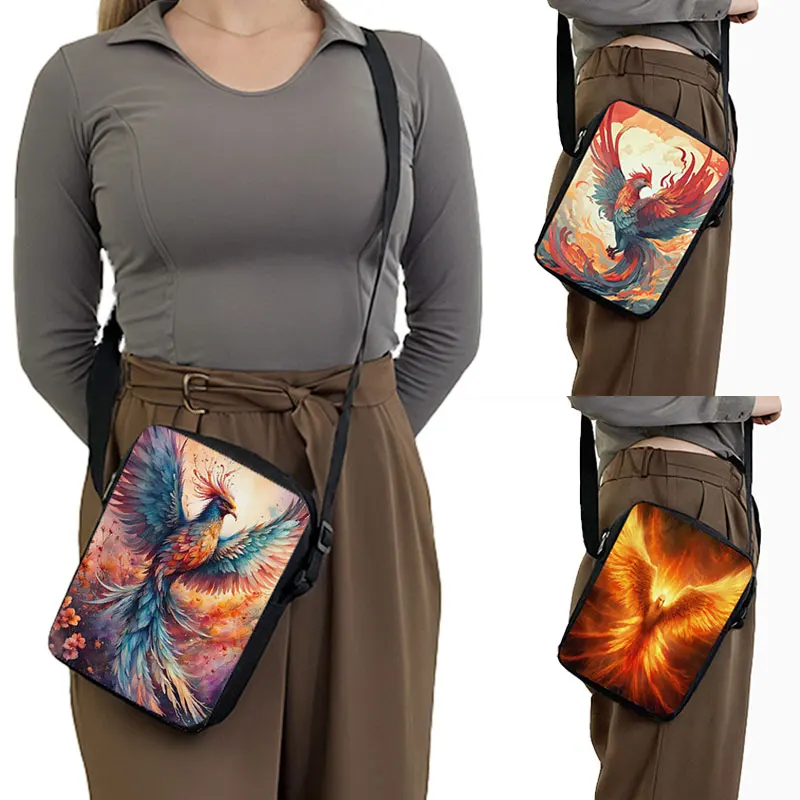 Phoenix Wearing Colorful Feathers Printing Crossbody Bag Glowing Clouds with Beatiful Phoenix Handbag Phone Holder Shoulder Bag