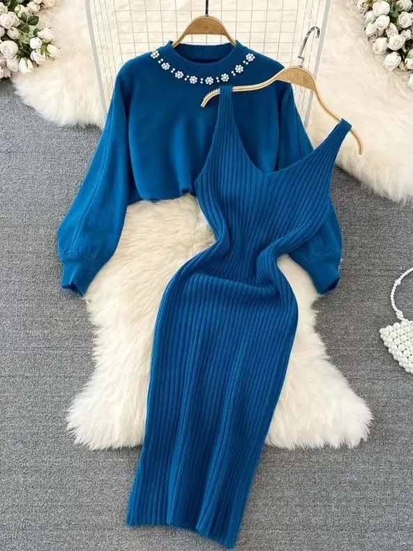 Korean Elegant Two-piece Dress Sets Women O-neck Long Sleeves Knitted Sweater + Long Slip Dress Autumn Winter Y2K Skirts Suit