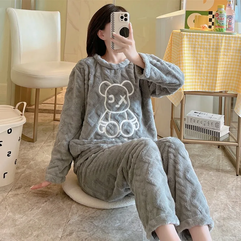 

Thickened Fleece Pajamas Set Women's Autumn Winter Coral Velvet Home Clothes Outerwear Warm Home Clothes Two-piece Set