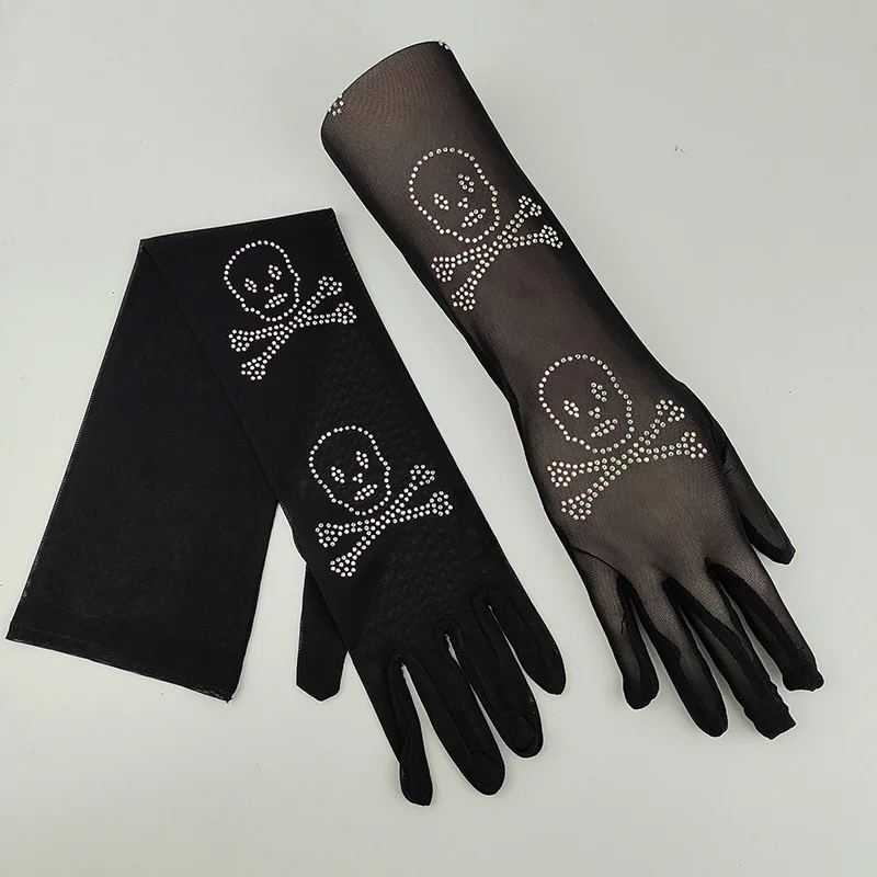 Sexy Women Elastic Mesh Hot Stamping With Colored Flash Diamonds Dance Mitten Summer Rhinestone Punk Hip Hop Sunscreen Glove