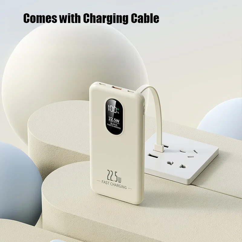 باور بانك محمول 22.5 وات 10000 مللي أمبير في الساعة، شحن سريع، شاشة رقمية، كابلات مدمجة لهاتف آيفون وسامسونج وهواوي وشاومي