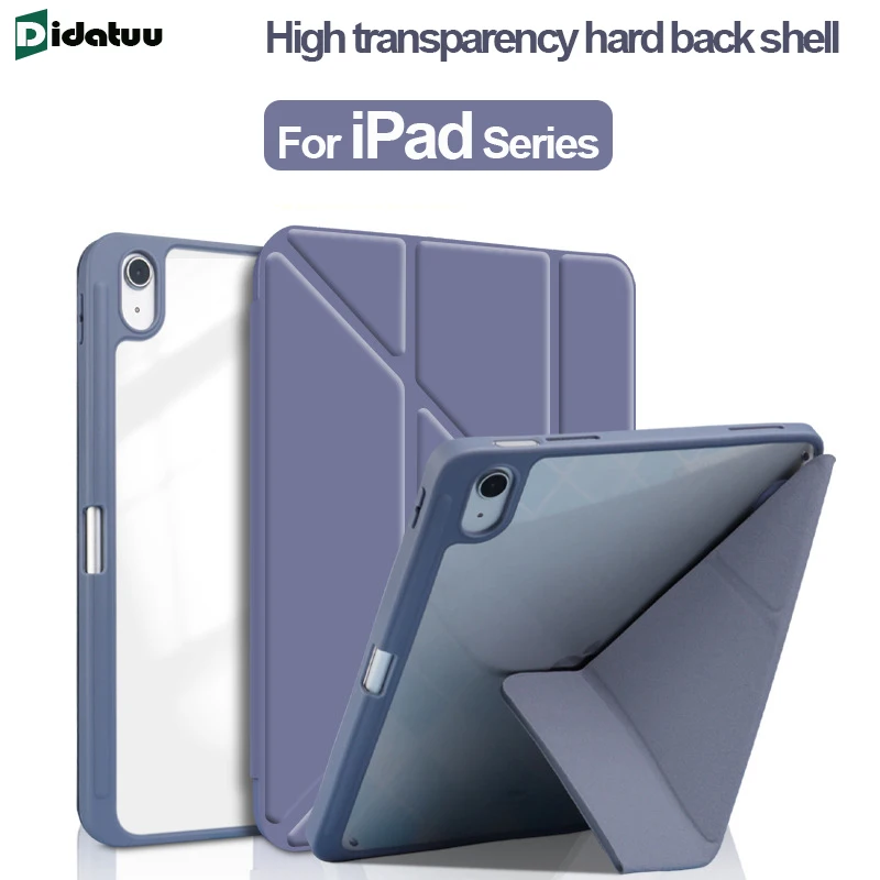 Back Transparent Case with Pen Slot For iPad 5 6 Air 1 2 Air 3 4 5 10.9 Pro 11 12.9 Mini 6 iPad 7 8 9 10th Y Shaped Fold Cover