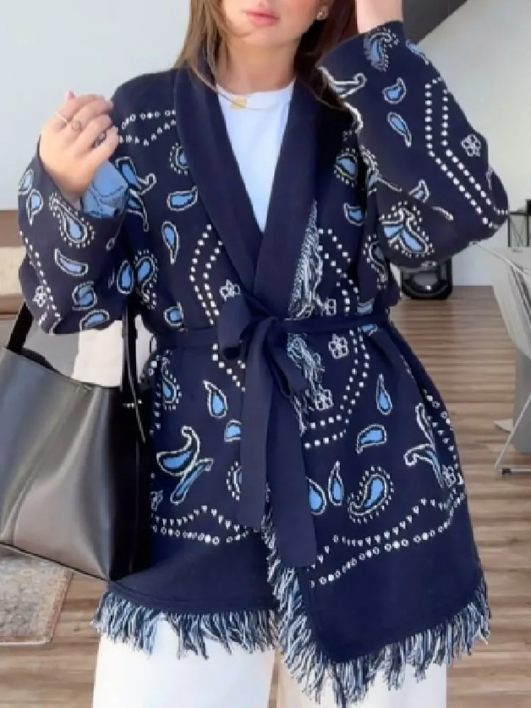 

Модный женский кардиган с v-образным вырезом и длинными рукавами и кисточками, повседневное вязаное пальто на шнуровке, осень-зима, свободный свитер с принтом в стиле ретро
