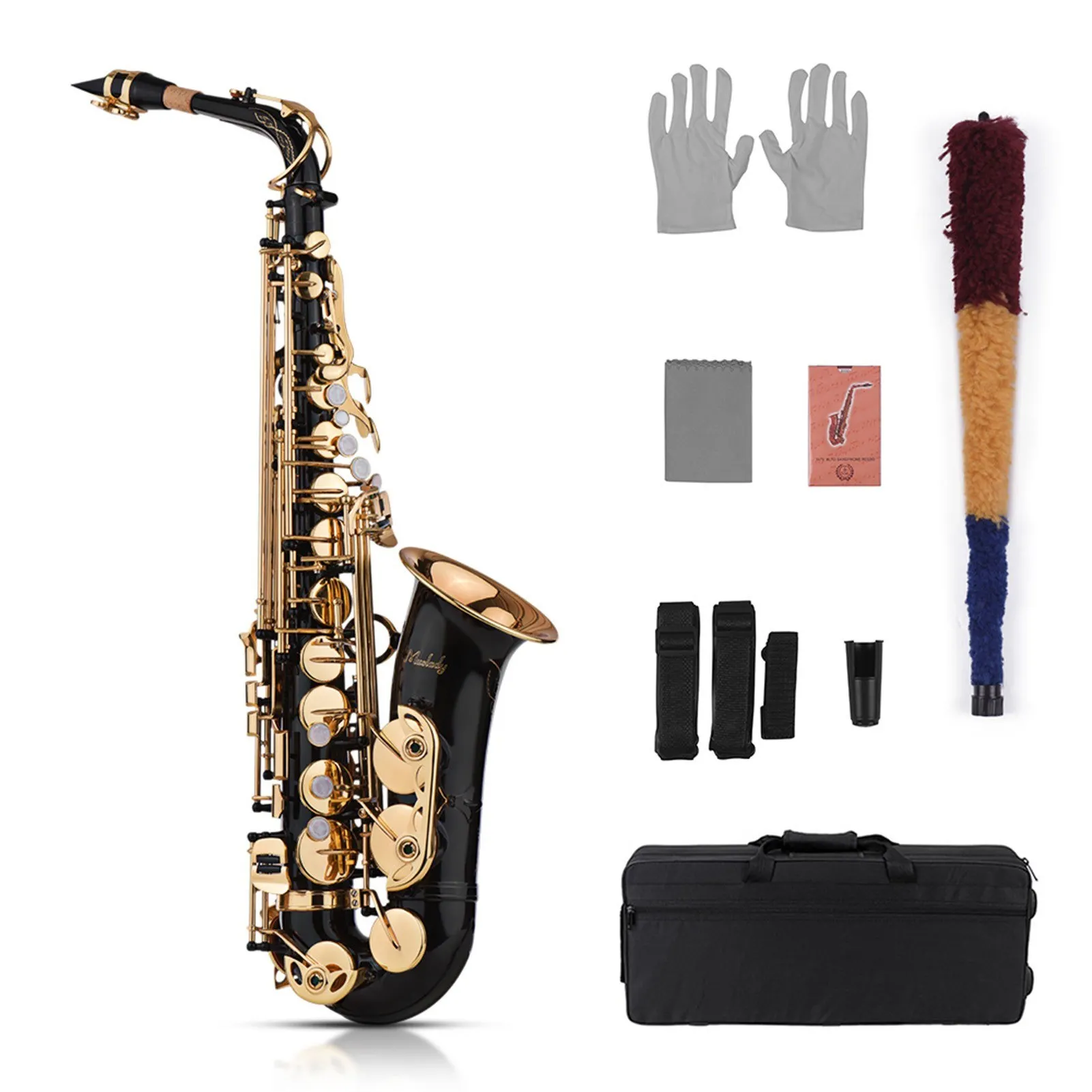 Eb Alto Saxophone Sax Brass Lacquered Gold 82Z Key Type Woodwind Instrument with Padded Carry Case Gloves Cleaning Cloth Brush S