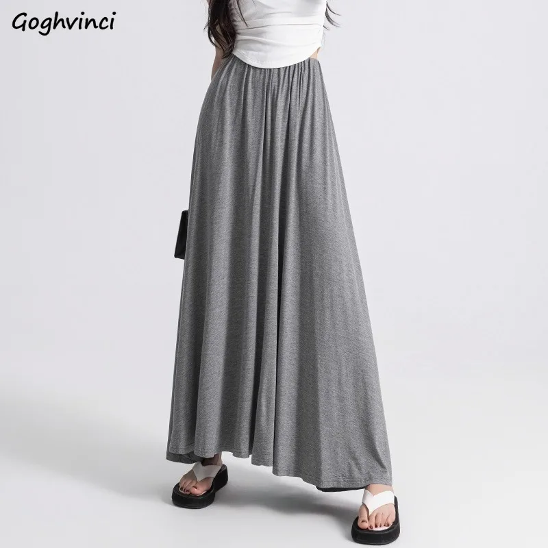 

Solid Midi Skirts Women Spring High Elastic Waist A-line Simple Loose Slim Draped Korean Style Chic Cozy Thin All-match Ulzzang