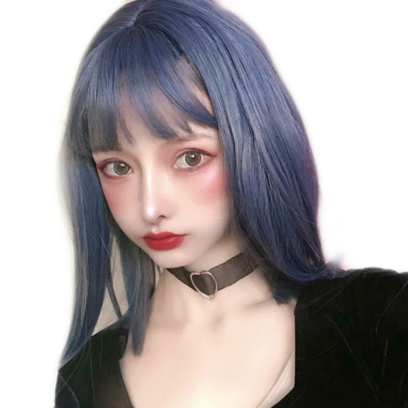 Haze blue wig for women, medium-length hair, collarbone length, stylish, face-slimming, medium-length straight synthetic fiber w