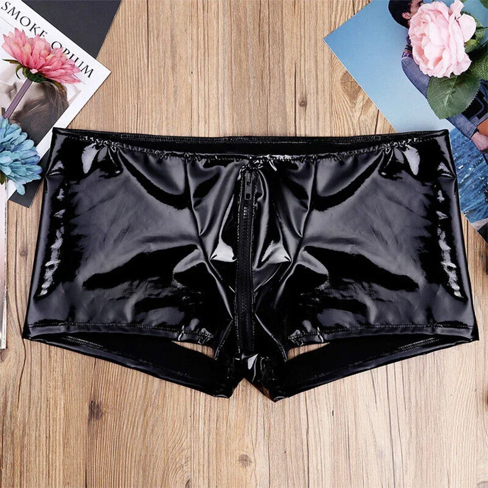 Men\'s PVC Zip Pouch Backless Briefs Wet-Look Lingerie Boxer Trunks Shorts Gay Male Funny Open-Back Jockstrap Open Butt Panties