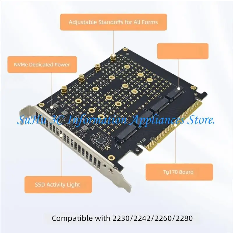 PCIe X16 Expansion Card Holding 4 M.2 Storage Units With Heat Control And Activity Indicators