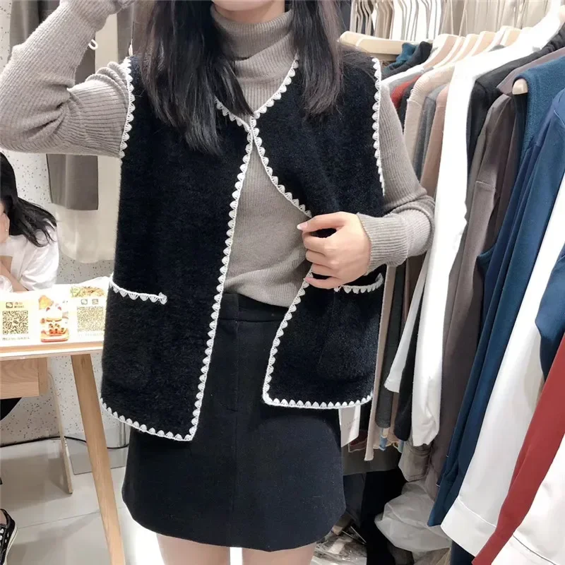 

2024 Fall Winter New Fashion Women's Cashmere Vests O-Neck Open Stitch Pockets Patchwork Casual Short Coats