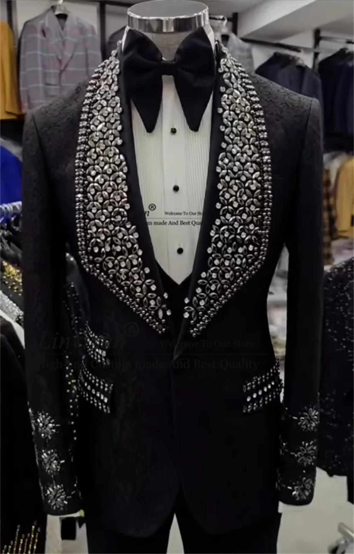 

Glitter Rhinestone Male Suits 3 Pieces Sets Beaded Lapel Tuxedos Party Outfit Customized Slim Blazer Pants costume homme luxe